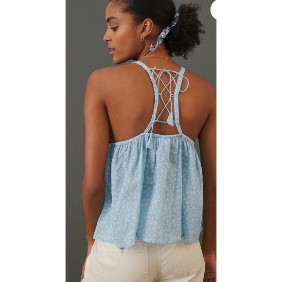 Anthro Peasant Blouse Top by Nikasha V-Neck Blue White Floral Straps NWT Size XS - Picture 2 of 9